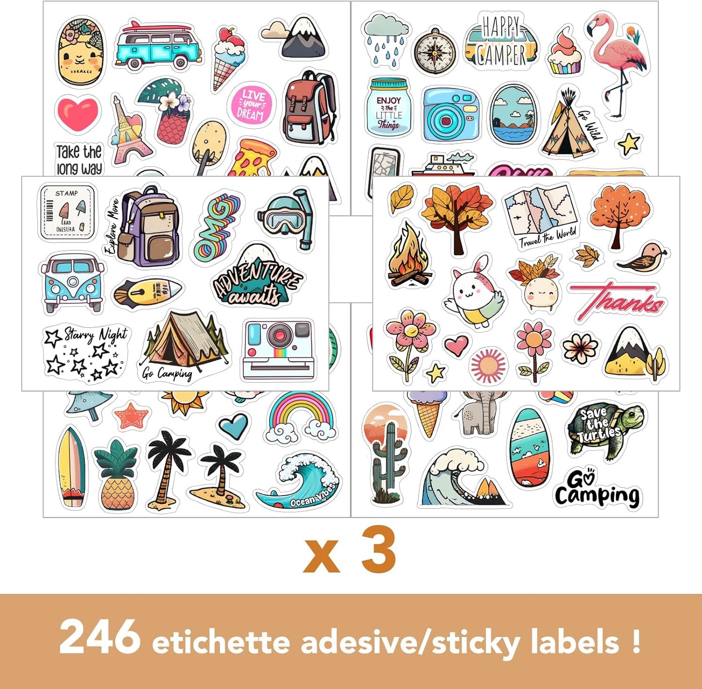 Set di 250 Stickers Viaggio Kawaii – Per Diari e Scrapbooking